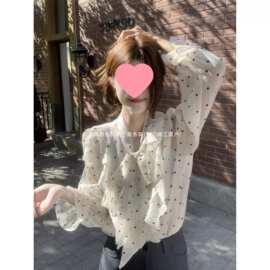 荷叶边波点衬衫女2026早秋新款韩系蝴蝶结细带衬衣春夏感上衣