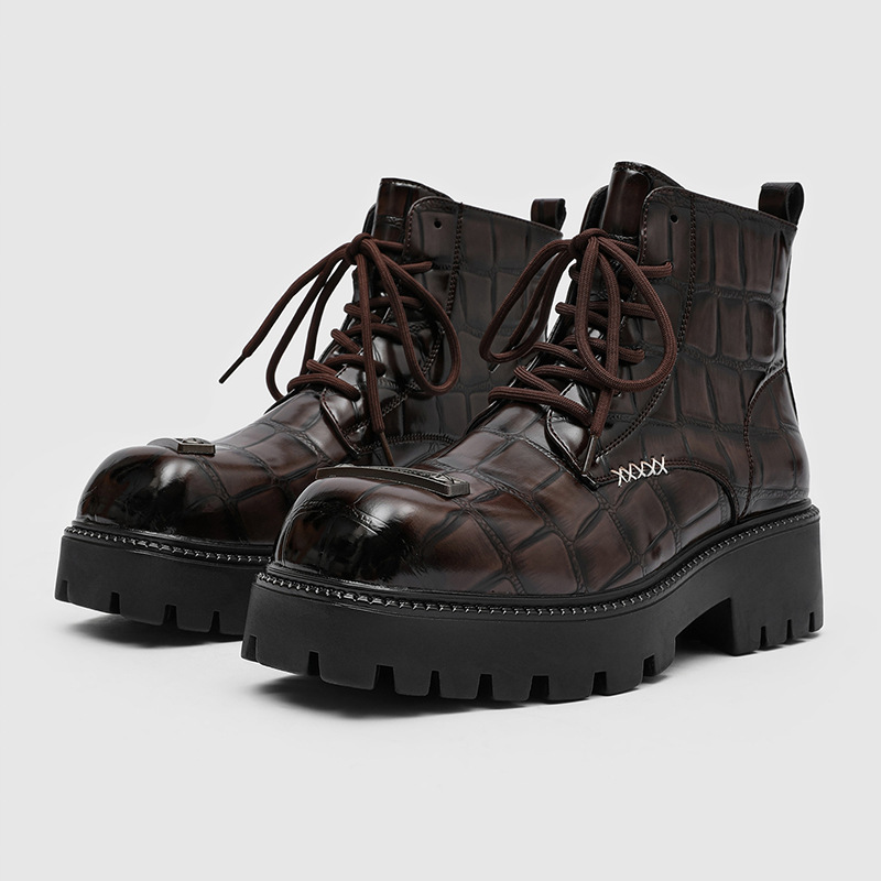 2025 Boots Men's Winter High-Top Men's Shoes with Increased Height British Style Crocodile Pattern Lace-Up Men's Boots 53242-J