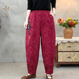 2025秋季新款松紧腰大码显瘦哈伦裤民族风刺绣棉麻提花休闲裤