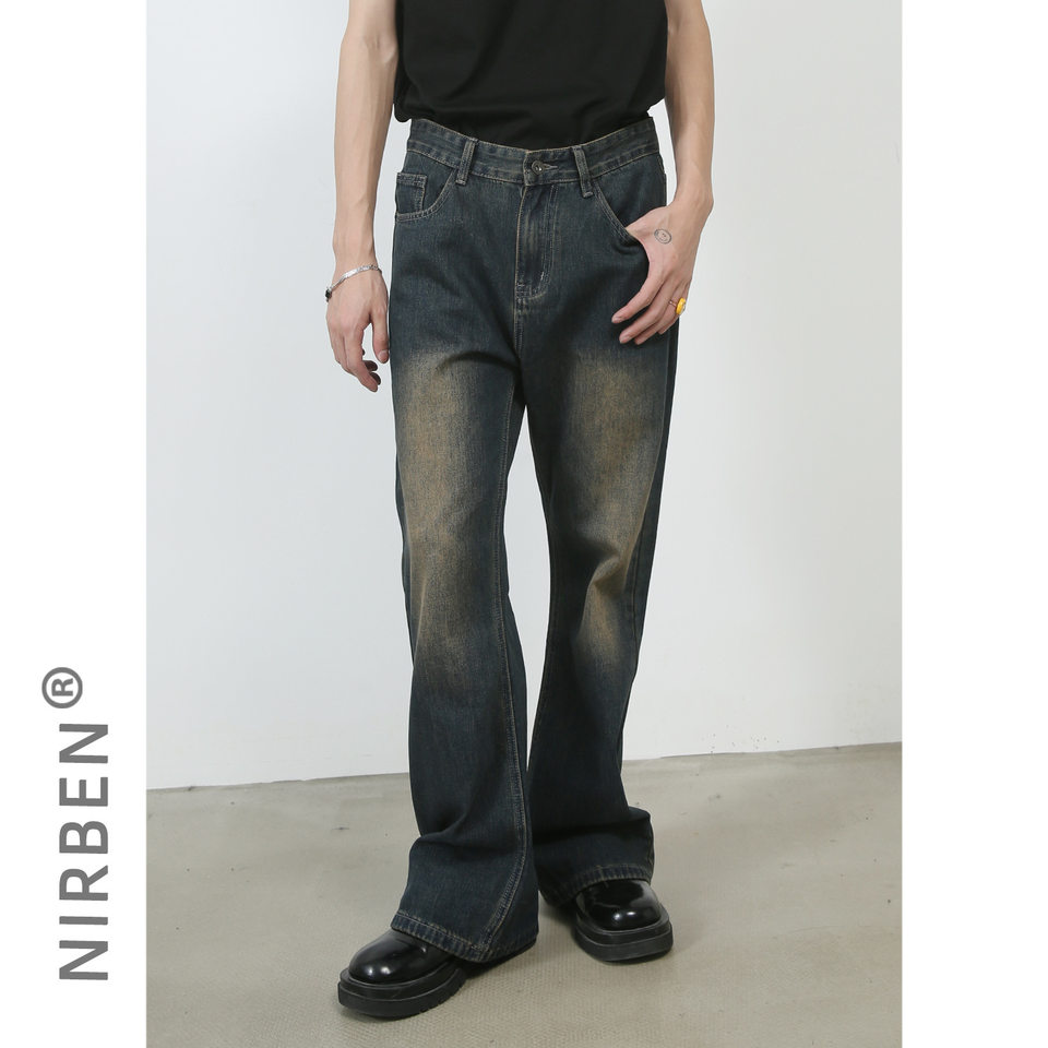Quần jean nam ống đứng dáng suông rộng cạp vừa phong cách Hàn, vải denim giặt cổ điển — Xanh lam nhạt, Xám nhạt, Đất Sét