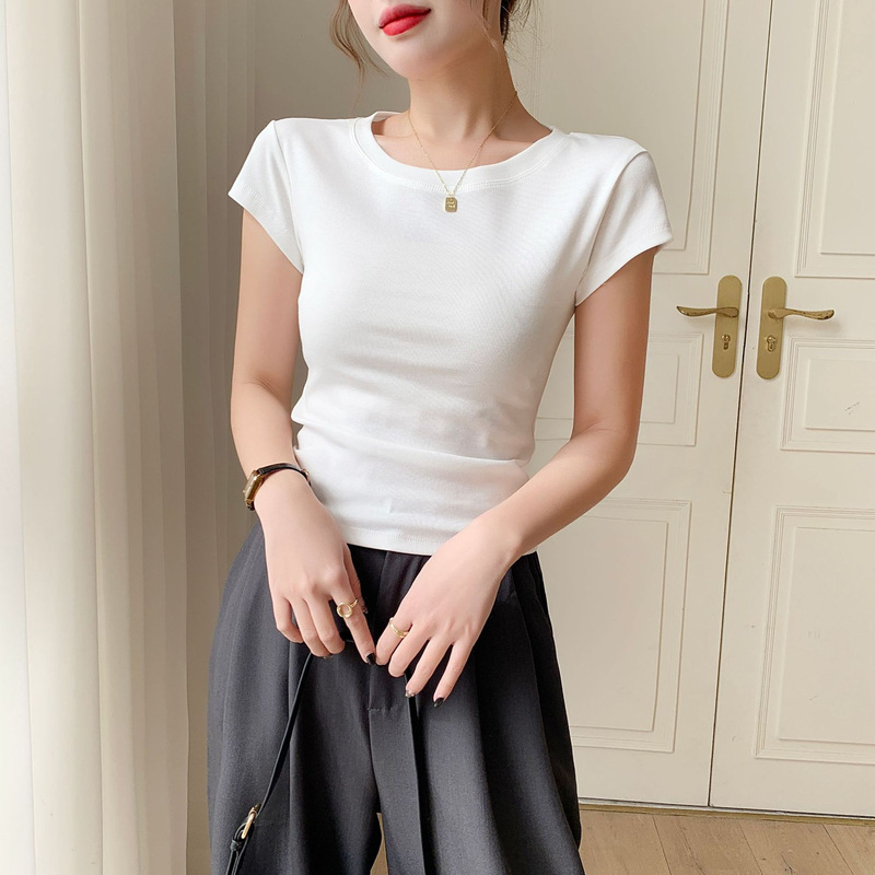 A generation of hair rib shoulder slim small sleeve T-shirt women's spring and summer new casual Joker slim base coat A generation of hair rib shoulder slim small sleeve T-shirt women's spring and summer new casual Joker slim base coat
