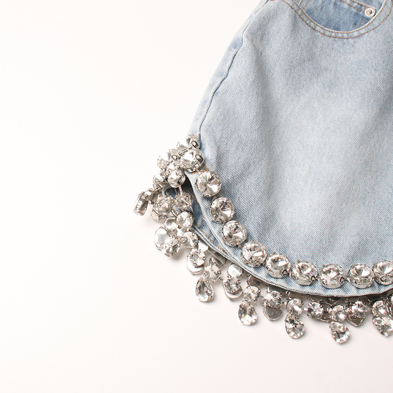 Personality Short Cropped Outfit Slimming Denim Top Hip Wrapped Skirt Diamond Embedded Denim Suit Women
