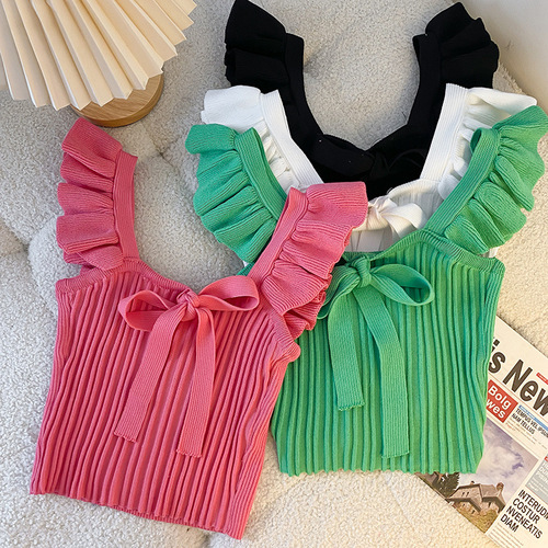 Southeast Asian knitted camisole women's Xiamu ear-shaped sleeveless candy top with bow tie on the outside