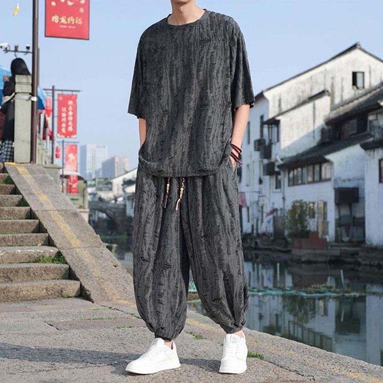 Chinese Style Hanfu Suit for Men, Summer Thin Short-Sleeve Long Pants, Loose Casual Fashion Trendy Ripped Two-Piece Set