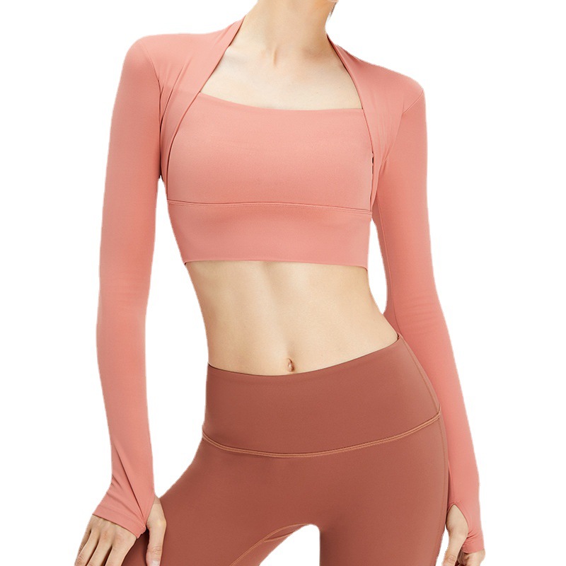 Chal con almohadilla en el pecho falso de dos piezas ropa de fitness de las mujeres de la nube sentido Deportivo Superior sentido desnudo manga larga Camiseta en forma de U absorción de choque ropa de yoga