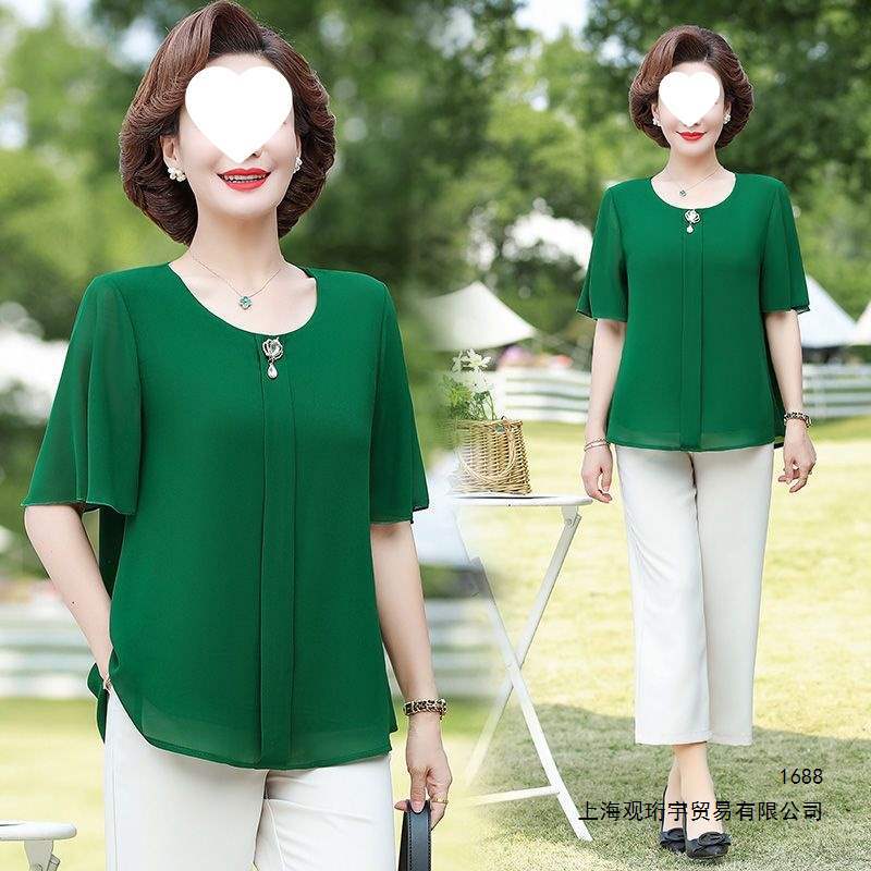 2026 New Style Elegant Mid-Length Chiffon Blouse for Middle-Aged and Elderly Women - Loose Fit Short-Sleeve T-Shirt for Mothers - Summer Wear
