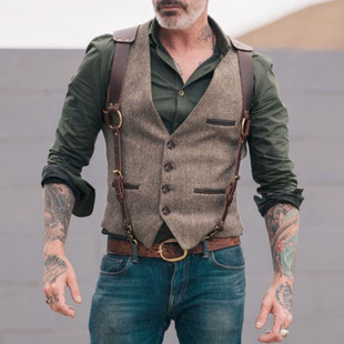 Amazon 2023 foreign trade waistcoat men's European and American suede stitching suit waistcoat single-breasted slim-fit waistcoat in stock