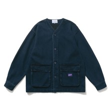 日系复古砂洗蓝染工装夹克男女宽松V领开衫阿美咔叽牛仔无领外套