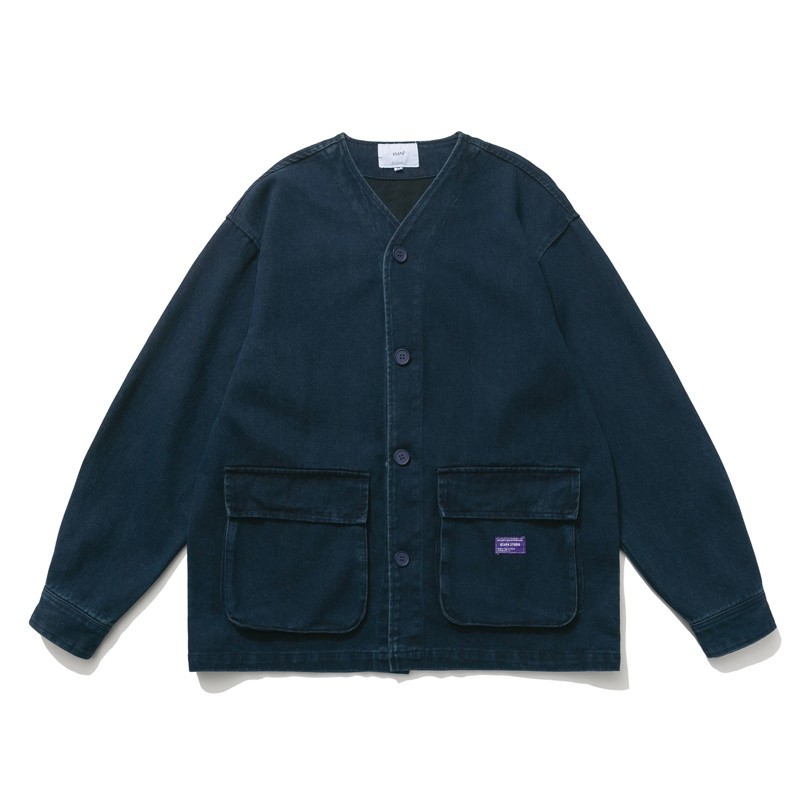 日系复古砂洗蓝染工装夹克男女宽松V领开衫阿美咔叽牛仔无领外套