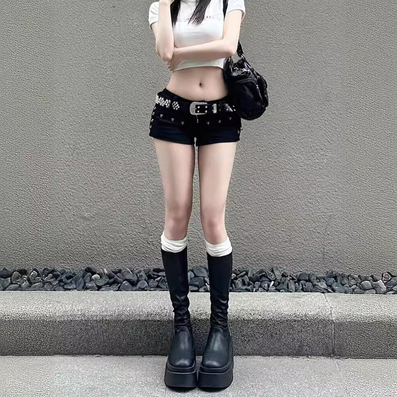 European and American Style Y2K Hot Girl Millennium Hot Pants Women's plus size Retro Low Waist Slim-fit Slimming A- shape Denim Super Shorts Trendy