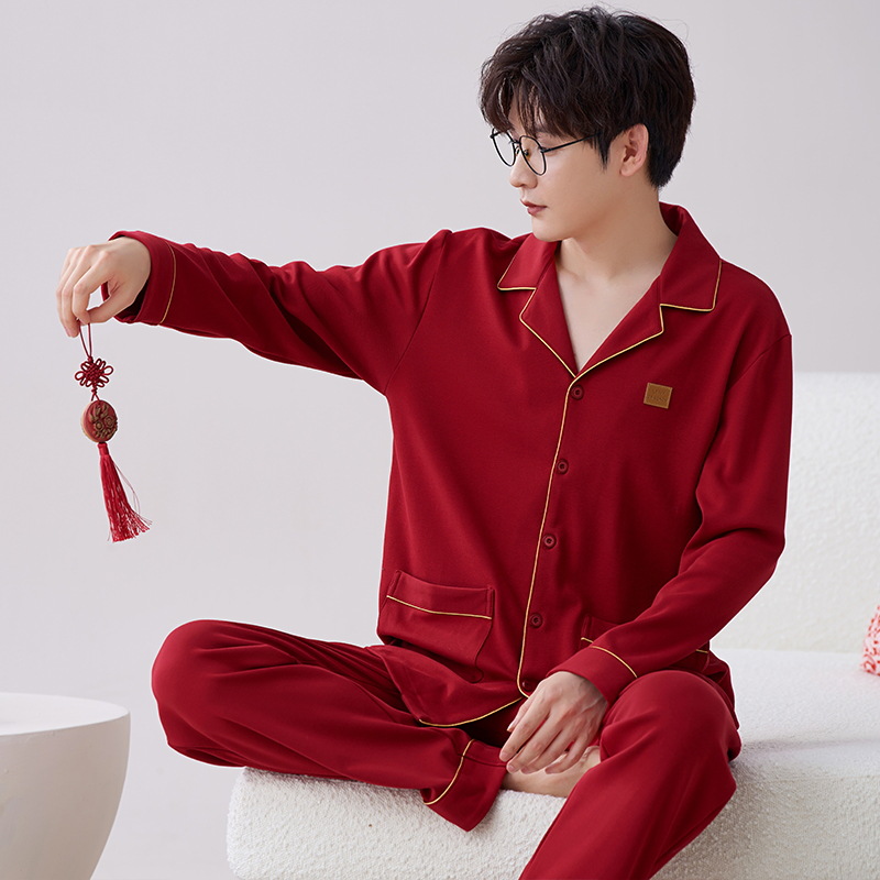 Pijamas hombres primavera y otoño algodón manga larga rojo brillante año animal algodón fino otoño primavera y verano ropa para el hogar