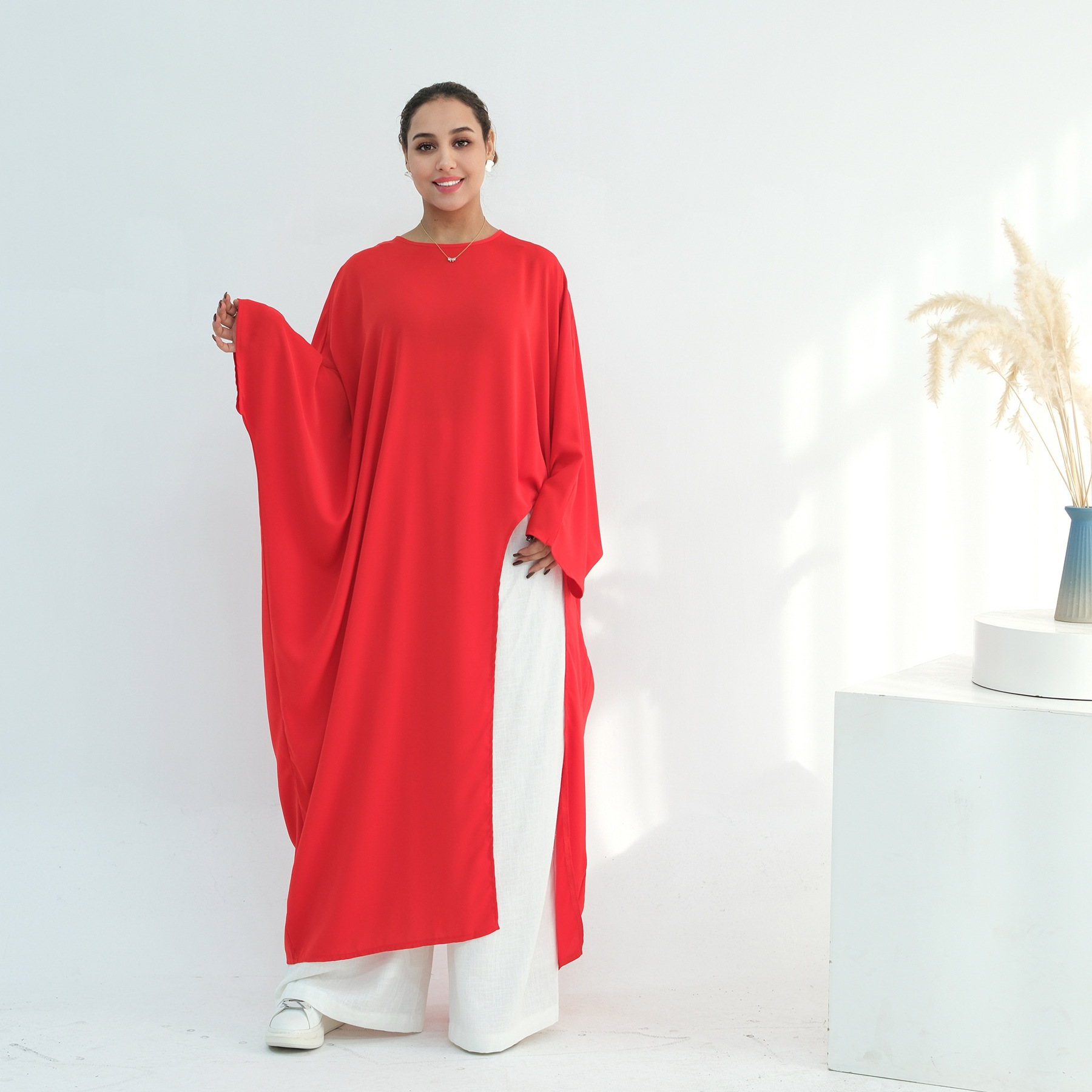Voya Women's Oversized Modest Robe - Loose Fit Asymmetric Top With Crew Neck, Solid Color Longline Cardigan, Casual Loungewear, Elegant Daily Wear,_ecoleips.com