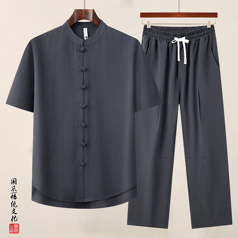 2024 New Dad Summer Linen Suit Middle-aged and Elderly Tang Suit Men's Short-sleeved Chinese Style Cotton and Linen Grandpa Clothes
