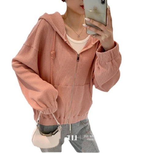 6535 cotton waffle hooded short coat for women spring and autumn new style sports loose zipper women's top trendy foreign trade wholesale