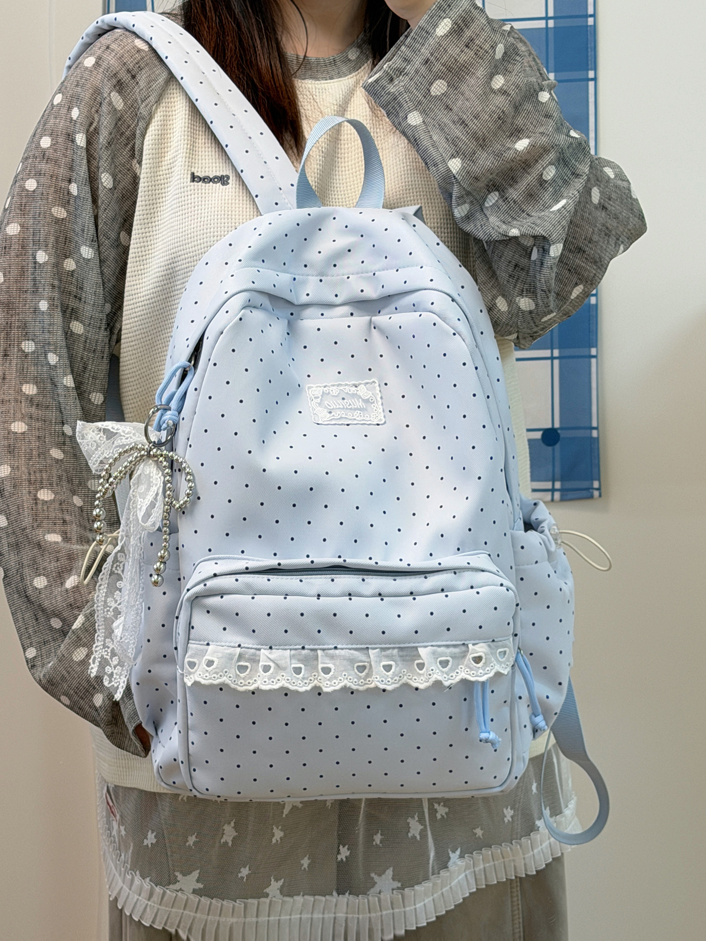 Polka Dot Lace Trim Spacious School Backpack 35