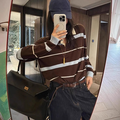 韩系撞色条纹polo领翻领单穿上衣女夏季独特绝美小香风长袖针织衫