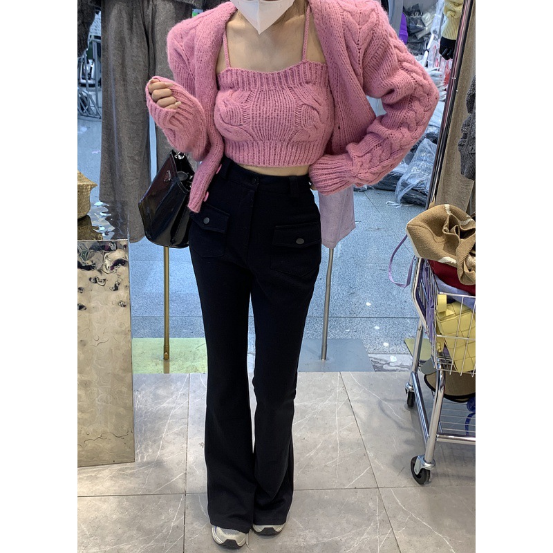 韩系纯欲设计感麻花针织毛衣开衫女慵懒风百搭吊带背心两件套套装|ms