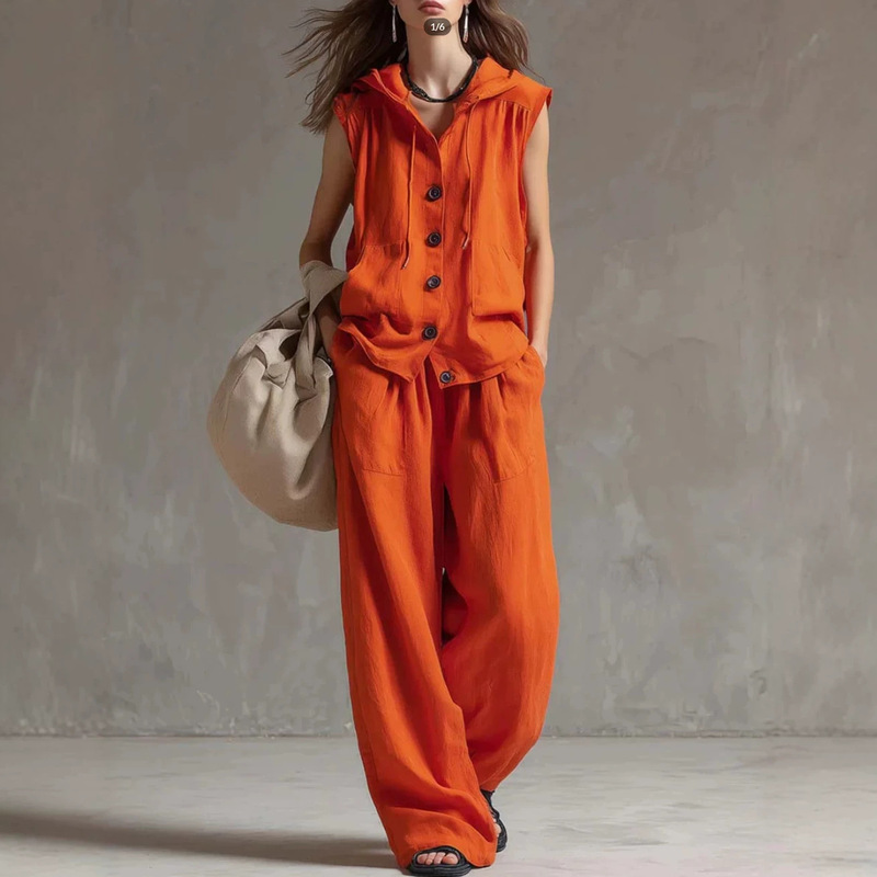 2026 Independent Brand Summer Sleeveless Loose Casual Hooded Top + High-Waisted Wide-Leg Pants Set Fashion Casual 2026 Independent Brand Summer Sleeveless Loose Casual Hooded Top + High-Waisted Wide-Leg Pants Set Fashion Casual