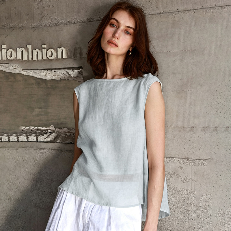 【Clearance Bargain】Pure Ramie Round Neck Sleeveless Top for Women with Gathered Back, French Style Round Neck Loose Top