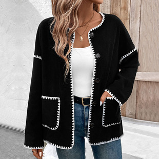 Amazon independent station foreign trade 2024 new European and American women's autumn and winter cross-border loose color matching polar fleece coat women