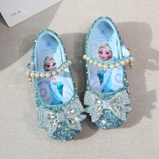 Girls' Princess Shoes Spring and Autumn Children's Small Leather Shoes Soft Sole Bow Sequins Rhinestones Elsa Crystal Shoes Princess Style