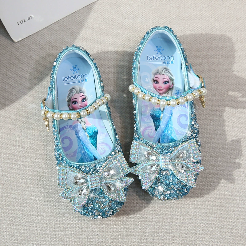 Детские туфли для девочек в стиле принцессы, весенне-осенние, из мягкой кожи, с бантом, пайетками, стразами, кристаллами Эльзы, в стиле принцессы.