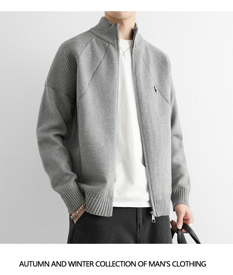 Gilet cardigan homme à double fermeture éclair, logo équitation tendance, col montant, maille haut de gamme, style business_voghion.com