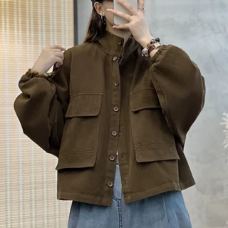 休闲棉质纯色大码外套春秋翻领工装宽松大版上衣夹克女装双口袋