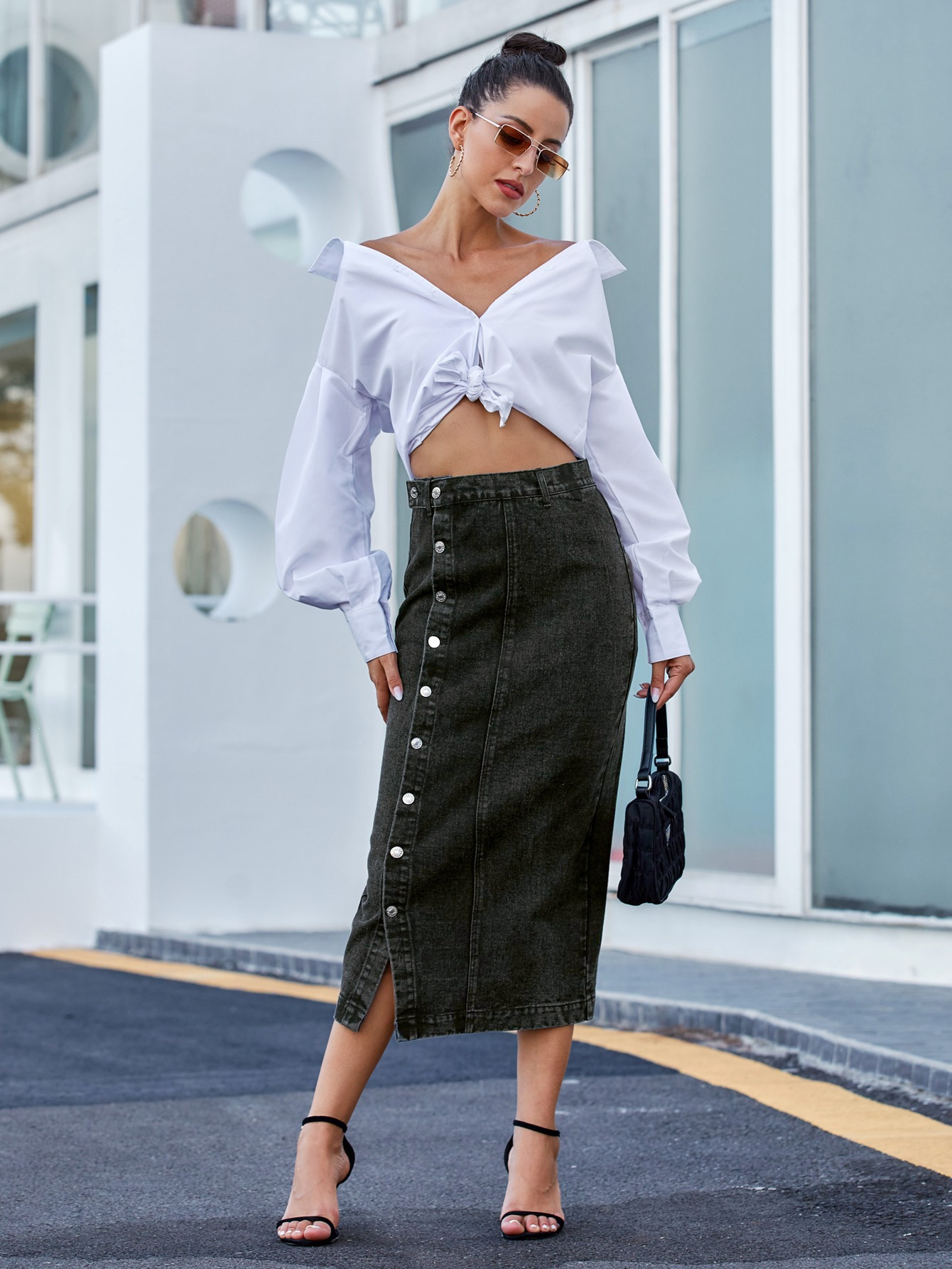 High-Waisted Slit Denim Midi Skirt Irregular Design Women's Clothing Fashionable Bottoms_ecoleips.com