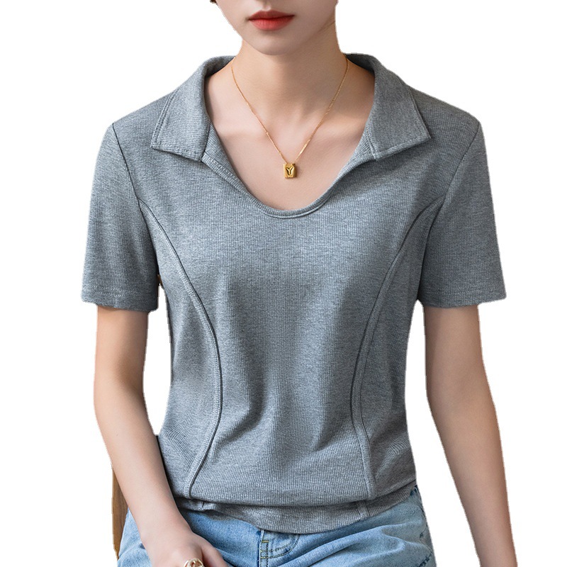 Camiseta de manga corta de hilo para mujer verano 2023 nueva camiseta de solapa elegante para mujer camisa de polo de estilo maduro ligero Fishbone top