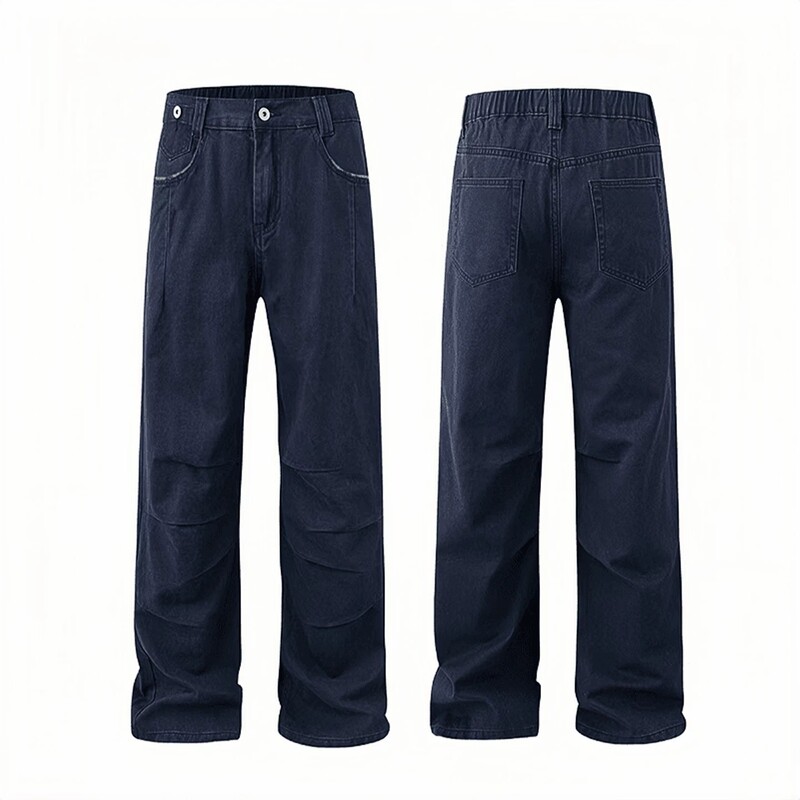 French Work-Style Blue Pleated Straight-Leg Jeans for Men, American High Street Style, Cleanfit Loose Wide-Leg Pants