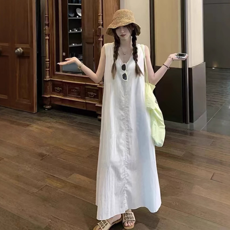 Sweet Style Simple V Neck Vest Dress Women's 2025 Summer New Elegant Slim White A-Line Skirt Long Skirt