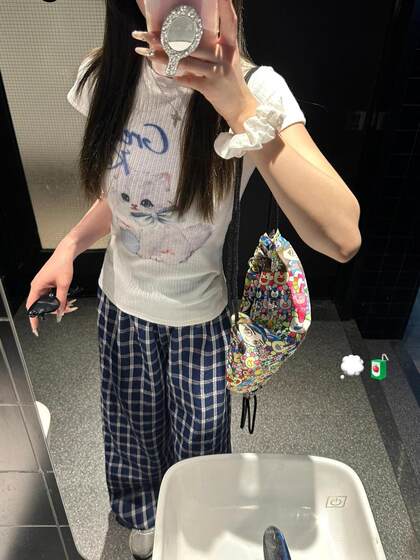 [Original Fabric] Cat Print Shoulder Slim Short Sleeve T-Shirt Sense Short Top White Other