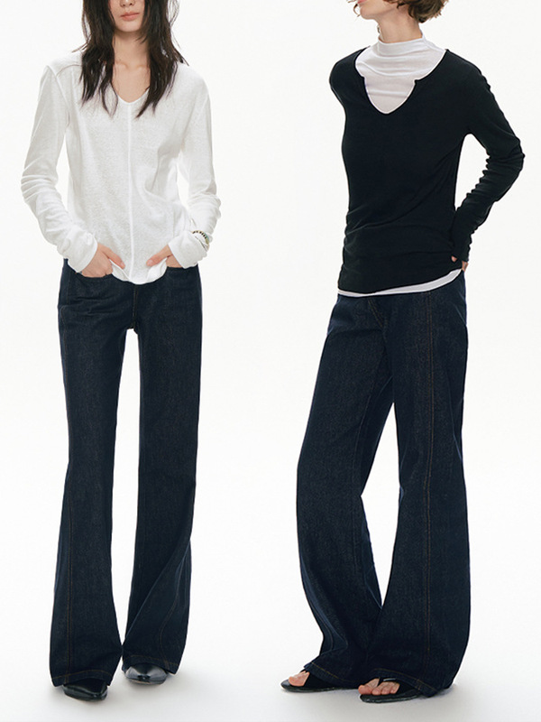 极简V领长袖t恤高级感纯欲松弛感上衣女显瘦舒适纸片人内搭打底衫|undefined