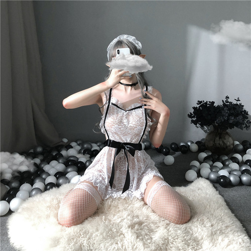 Luminous Love Sexy Transparent Braided Lace Cross-Back Nightgown Maid Servant Costume Set for Women 1248