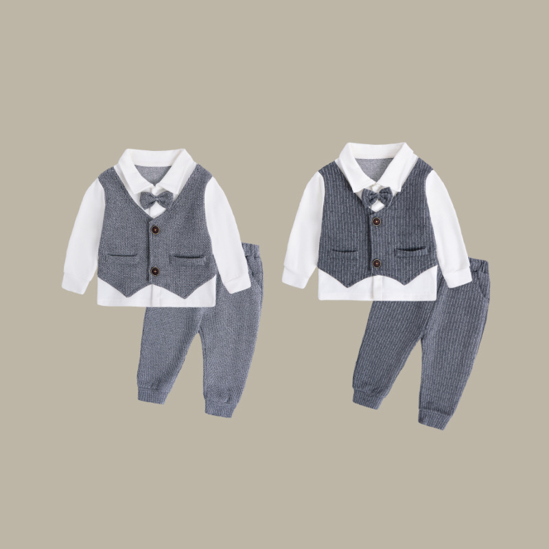 Boys One Year Old Gentleman's Dress Spring and Autumn Baby's Long-sleeved Shirt Fake Two-piece Vest Flower Girl Handsome Suit suit