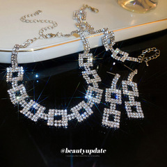 European and American Heavy Industry Diamond-embellished Square Necklace Earrings Bracelet Set Personalized Exaggerated High-end Jewelry Accessory Wholesale for Women