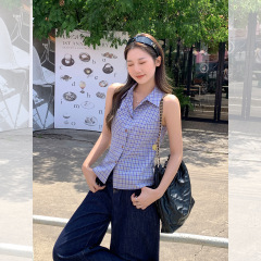 蓝绿格纹Polo领背心吊带女2025年夏日新款设计感宽松显瘦无袖上衣