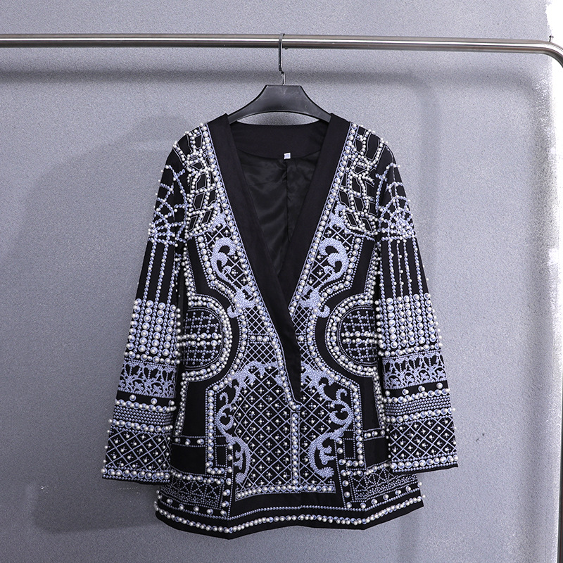 Women's Fashion Geometric Beaded Hidden Buckle Coat Blazer display picture 5