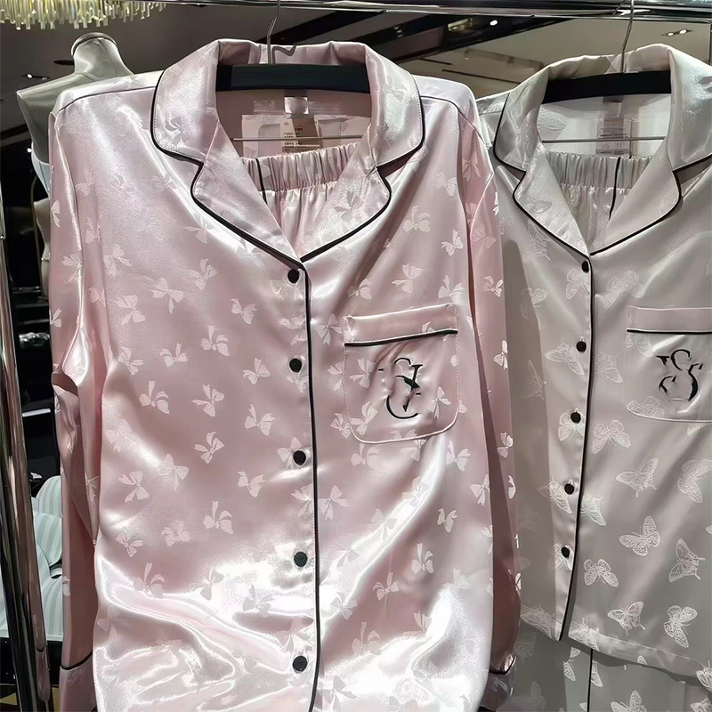 Celebrity-style home vacation satin moonlight silk pink bow pajamas for women, spring long-sleeved, long-pant, loose fit Celebrity-style home vacation satin moonlight silk pink bow pajamas for women, spring long-sleeved, long-pant, loose fit