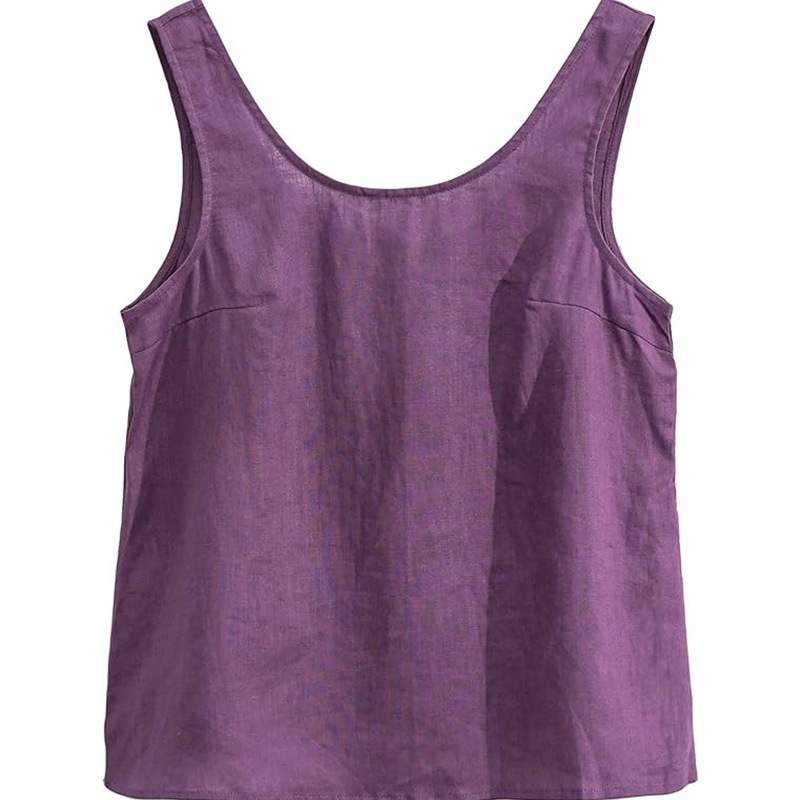 Women's Linen Vest Casual Summer Sleeveless Low round Neck Top_ecoleips.com