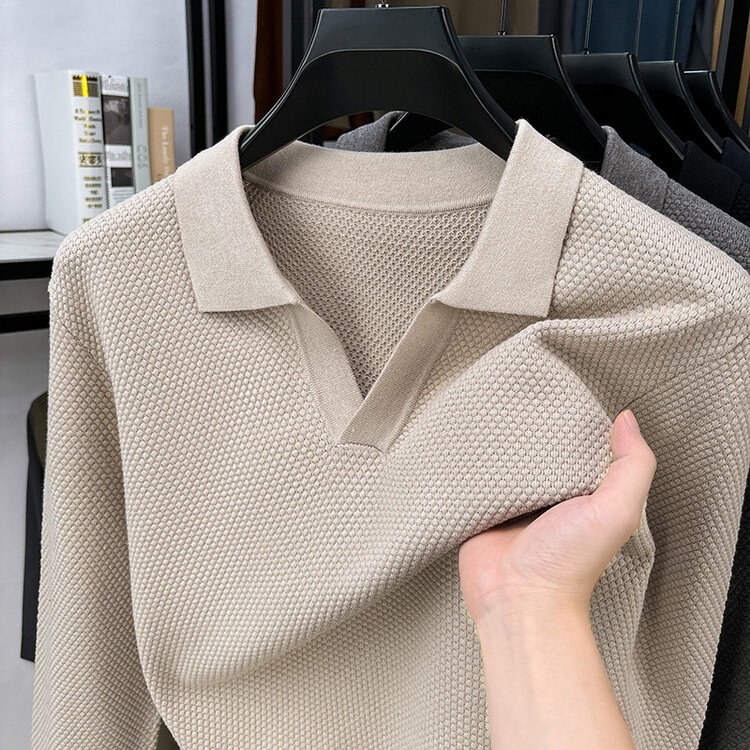 Cotton seagull collar long-sleeve knit sweater for men, autumn and winter V-neck loose stretchy base layer in old money style Cotton seagull collar long-sleeve knit sweater for men, autumn and winter V-neck loose stretchy base layer in old money style