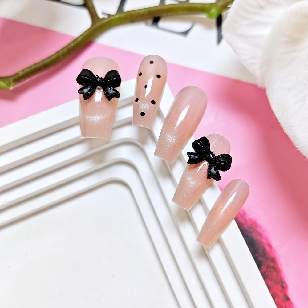 Polvo desnudo, arco negro, manicure dulce, lindo y juguetón, uñas de 10 piezas, parches de uñas falsas. image 4