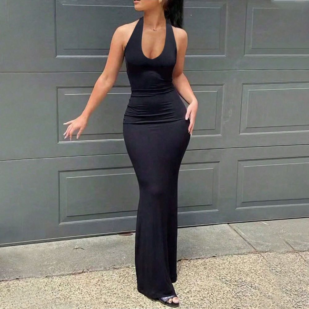 Summer Backless Bodycon Dress Solid Color Halter Neck Sexy Fit Perfect for Parties and Night Out Wholesale Available