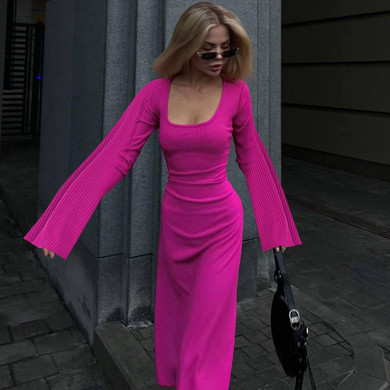 women's clothing 2023 autumn new fashion loose U-neck back tie long-sleeved dress_senzul.com