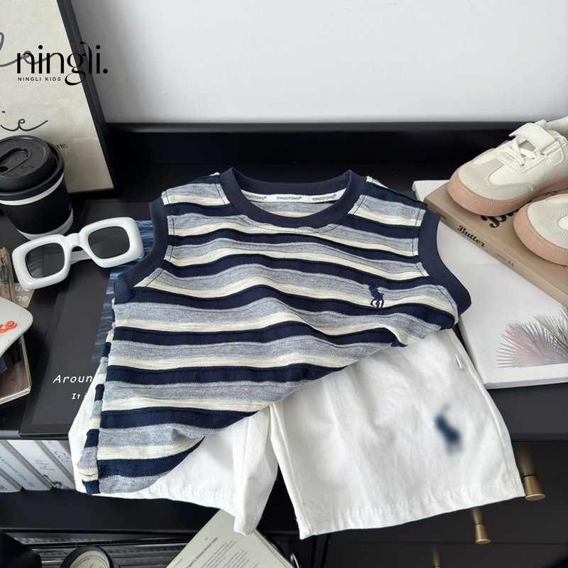 Ningli Children's Vest Set 26 Summer Korean Style Popular Embroidered Striped Loose Vest Two-Piece Set for Kids