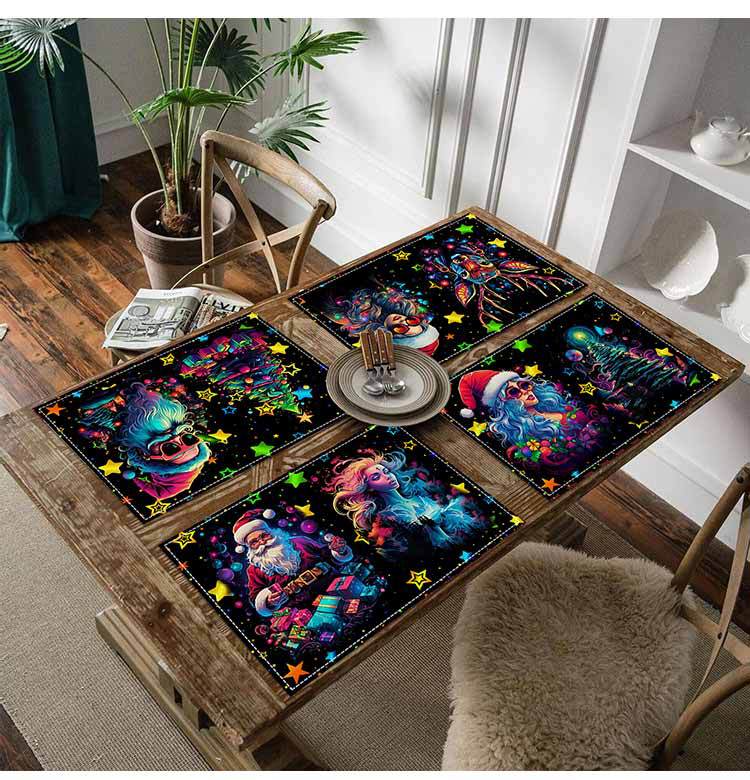 Weihnachtstischset aus weißem Leinen mit Sternenhimmel und Weihnachtsmann-Aufdruck, Tischset für Wohnzimmer, Restaurant, Dekoration, Isoliermatte_voghion.com