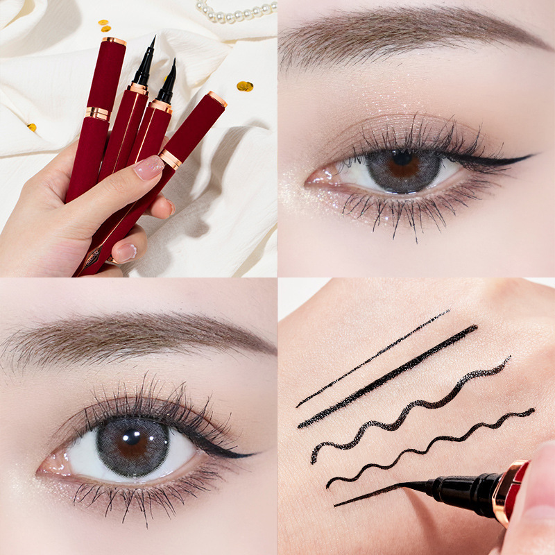 Liner de ojos de terciopelo rojo GEMON ultra fino impermeable, resistente al sudor, duradero, no es fácil de marearse, lápiz de ojos líquido de secado rápido, cabeza de cepillo