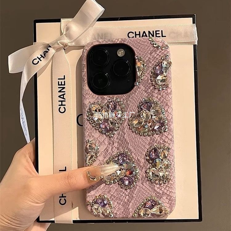 センスパープルスネークパターンラブラインストーン Apple 16promax 携帯電話ケース iPhone15 落下防止 16 女性 14 トレンド|undefined
