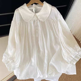 日系白色棉麻长袖衬衫女2025夏设计感小众宽松娃娃领亚麻防晒上衣